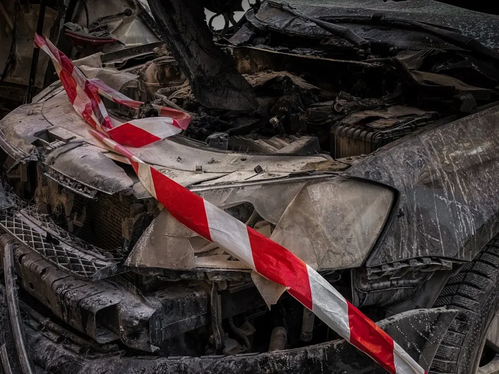 A damaged car with a crumpled front hood and shattered headlights is wrapped in red and white caution tape, conveying a scene of destruction.