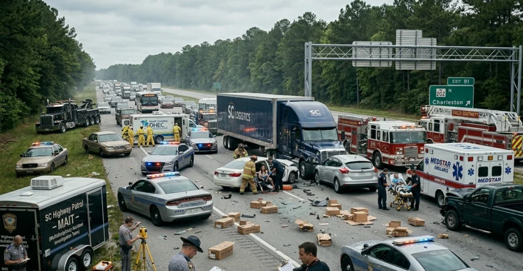 18 wheeler accident scene in South Carolina involving a semi truck and damaged vehicle with legal context