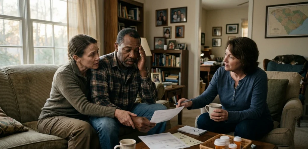 Person recovering after head injury, showing cognitive and emotional strain at home with family support.