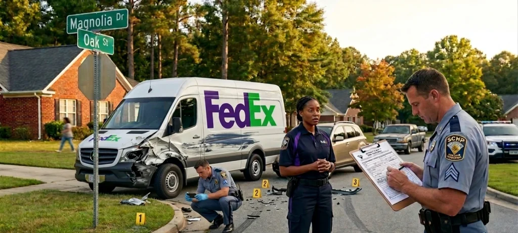 FedEx delivery truck and legal documents representing accident liability and contractor control issues in South Carolina.