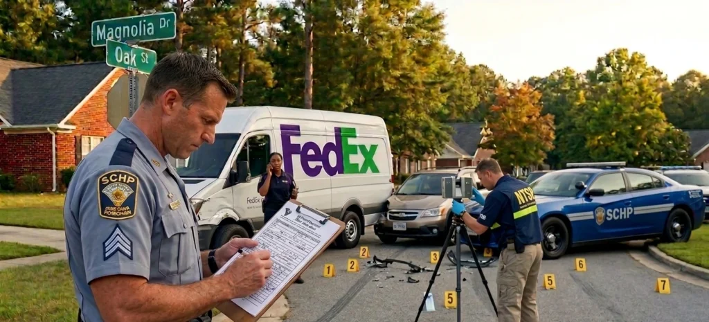 FedEx delivery truck involved in an accident investigation scene in South Carolina with legal documents and insurance claim review context.