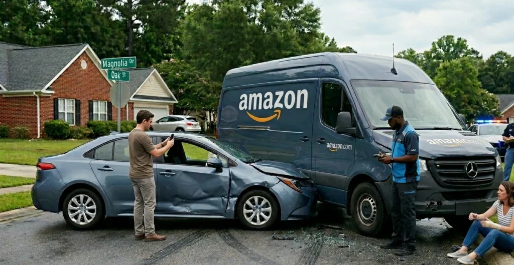 hit by amazon delivery driver south carolina crash scene showing damaged vehicles, Amazon delivery van, and evidence documentation for insurance claim