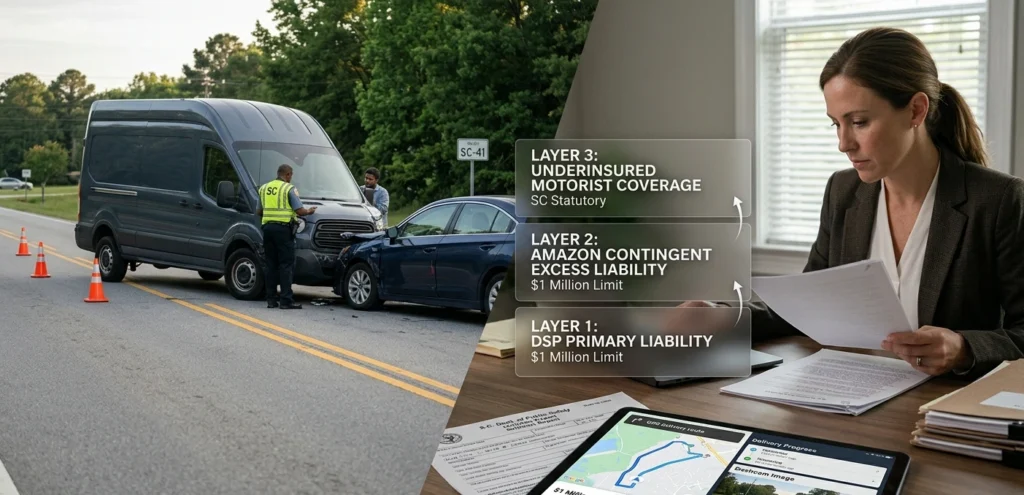 Amazon delivery driver insurance South Carolina coverage layers including DSP, Amazon policy, and evidence-based claims process