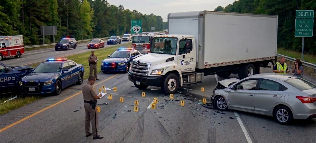 Diagram showing box truck accident liability in South Carolina involving driver, employer, rental company, staffing agency, and cargo shipper.