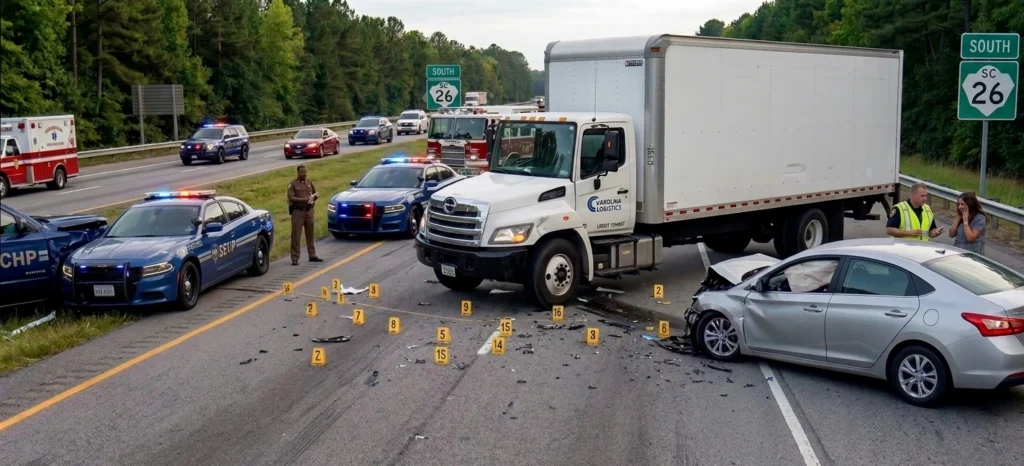 Box truck accident scene in South Carolina with damaged vehicles and roadside documentation