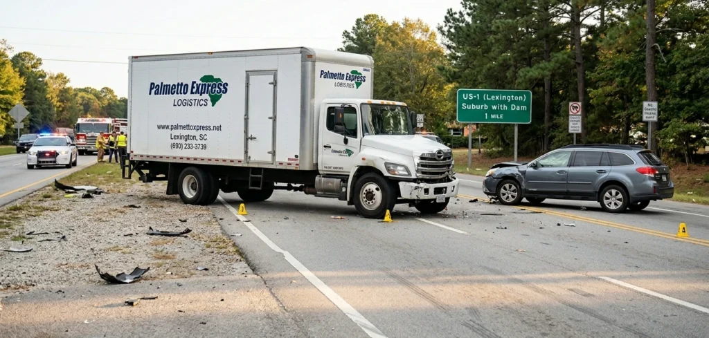 Illustration showing box truck accident settlement South Carolina involving injuries, insurance layers, and liability factors
