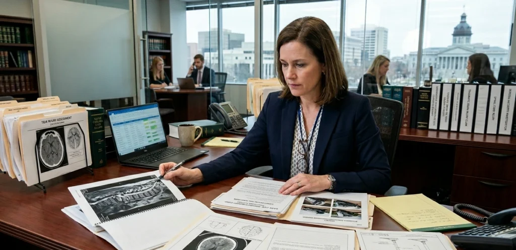 Catastrophic injury attorney South Carolina reviewing medical records for brain, spine, burn, and amputation injury case analysis
