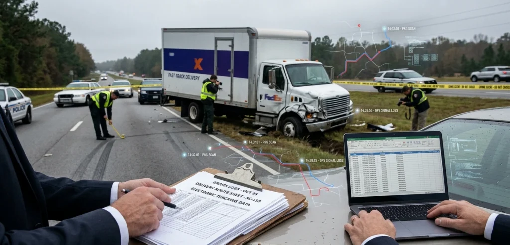 FedEx truck accident attorney South Carolina liability diagram showing FedEx Express employees, FedEx Ground ISPs, and control-based claims