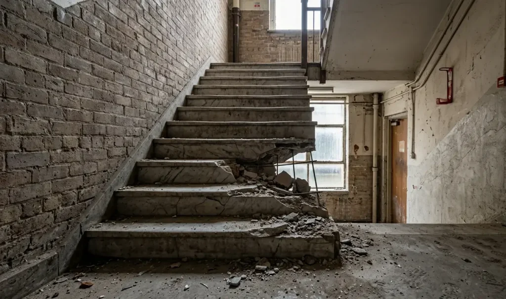 Hazardous broken stair showing property owner negligence south carolina with no handrail
