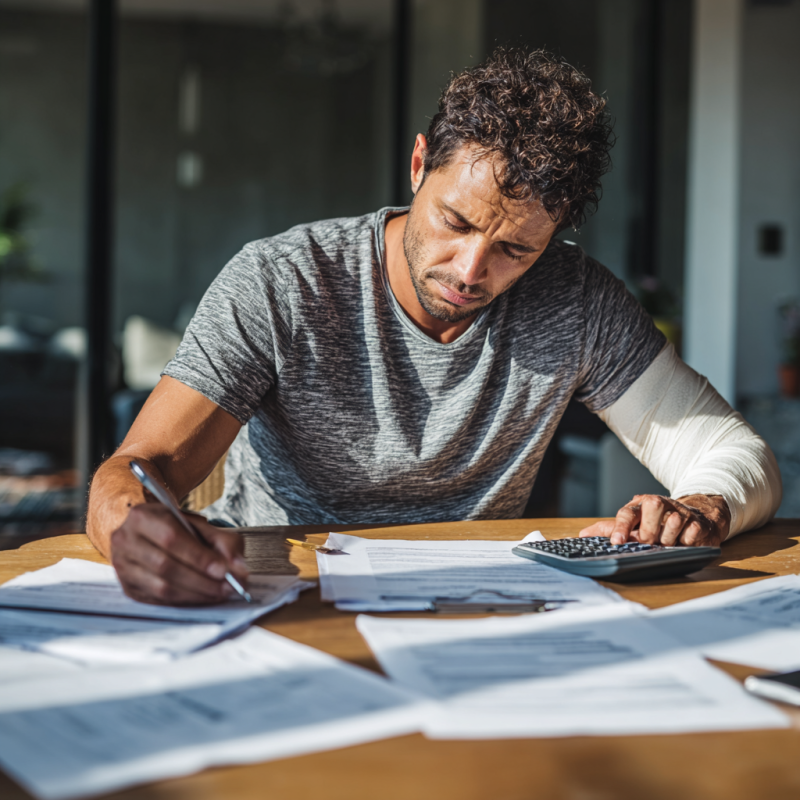 south carolina workers comp benefits. Injured South Carolina worker reviewing workers comp benefits and wage documents at a desk