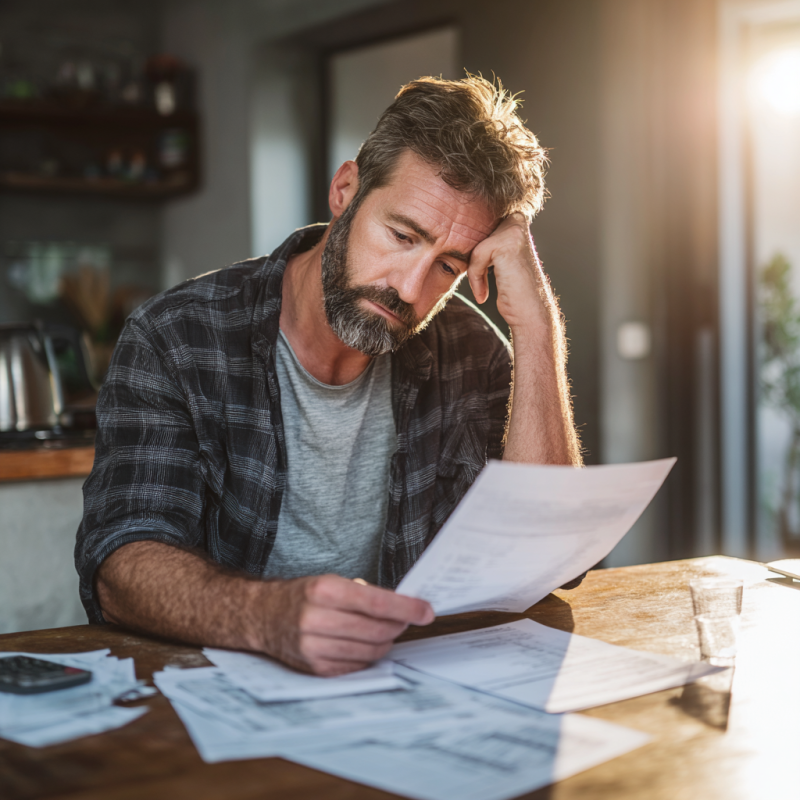 workers comp denied south carolina. South Carolina worker reviewing a workers comp denial letter alongside medical bills and injury documents