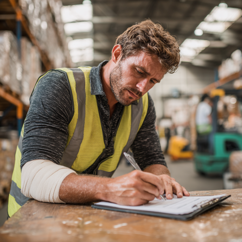 south carolina workers comp claim. Injured South Carolina warehouse worker filling out a workplace injury report form