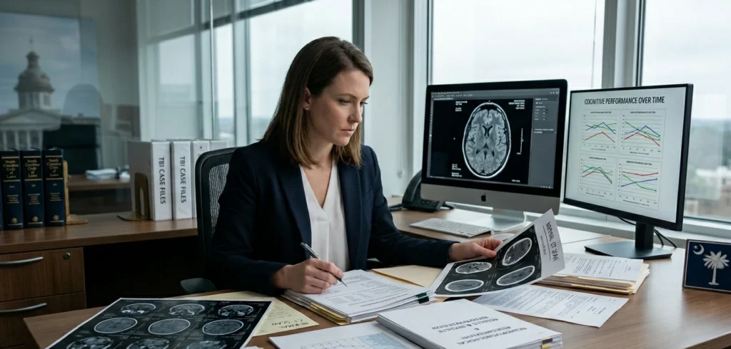Attorney reviewing brain scan results and medical evidence for traumatic brain injury court case in South Carolina