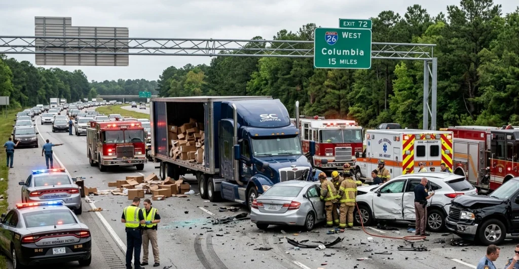 Tractor trailer accident liability South Carolina multi-vehicle crash scene with semi truck, damage, and emergency response