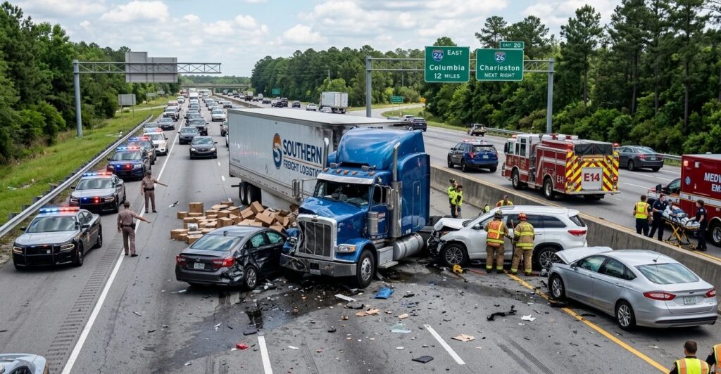 Tractor trailer accident in South Carolina showing damaged semi truck and vehicles on highway with emergency response