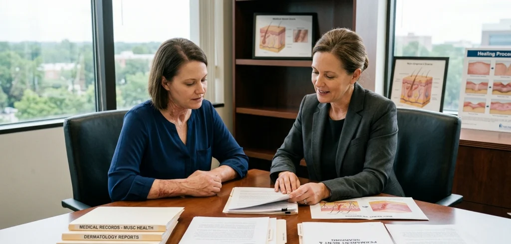 Burn Scar and Disfigurement Compensation in South Carolina 10 Burn injury victim in South Carolina consulting with a lawyer about scar disfigurement compensation and long-term injury damages