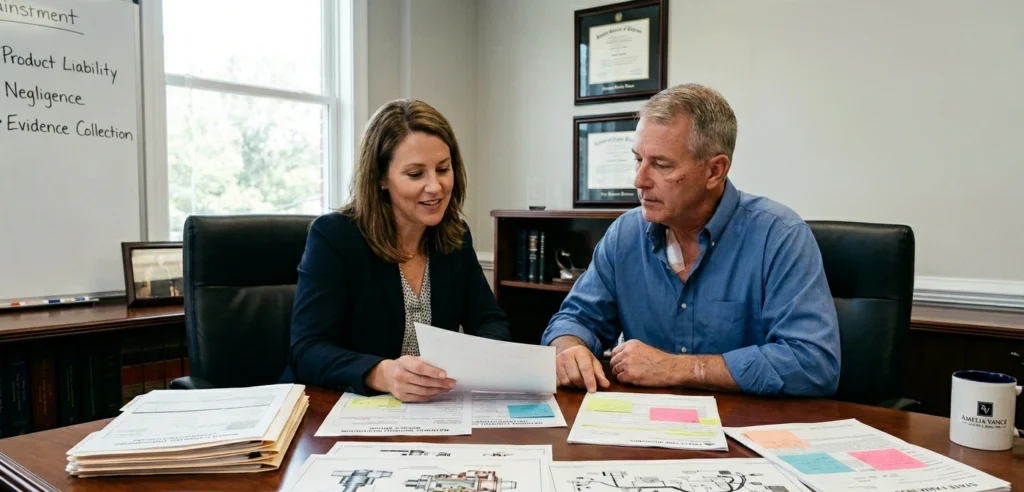 Car Fire Injury Lawyer South Carolina: Liability & Claims Guide 12 Car fire injury lawyer in South Carolina reviewing accident and vehicle defect evidence with a client after a vehicle fire crash