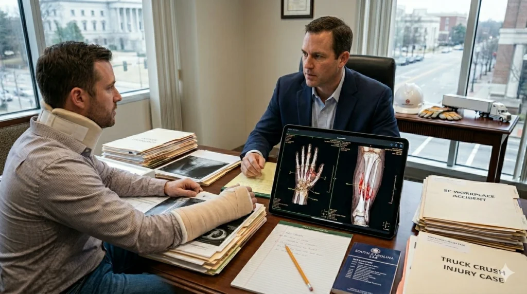 Crush Injury Lawyer South Carolina Claim Guide Compensation 7 Crush injury lawyer in South Carolina reviewing medical scans and injury reports for a severe workplace or truck accident case involving hand and leg injuries.