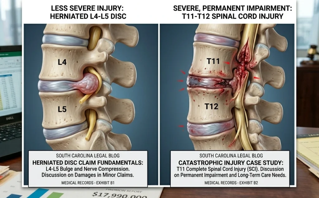 Herniated Disc vs. Spinal Cord Injury SC : What's the Difference? 20 Comparison diagram of herniated disc vs spinal cord injury SC showing spine damage differences and legal claim impact