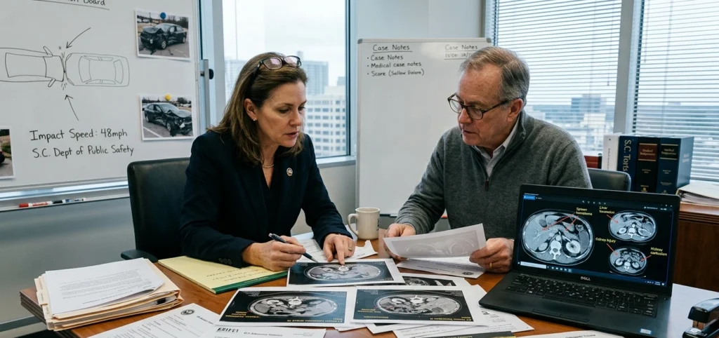 Internal Injuries Accident Lawyer SC Claims Guide Compensation 6 Internal injuries accident lawyer in South Carolina reviewing CT scans and medical reports showing hidden organ damage from a car crash.