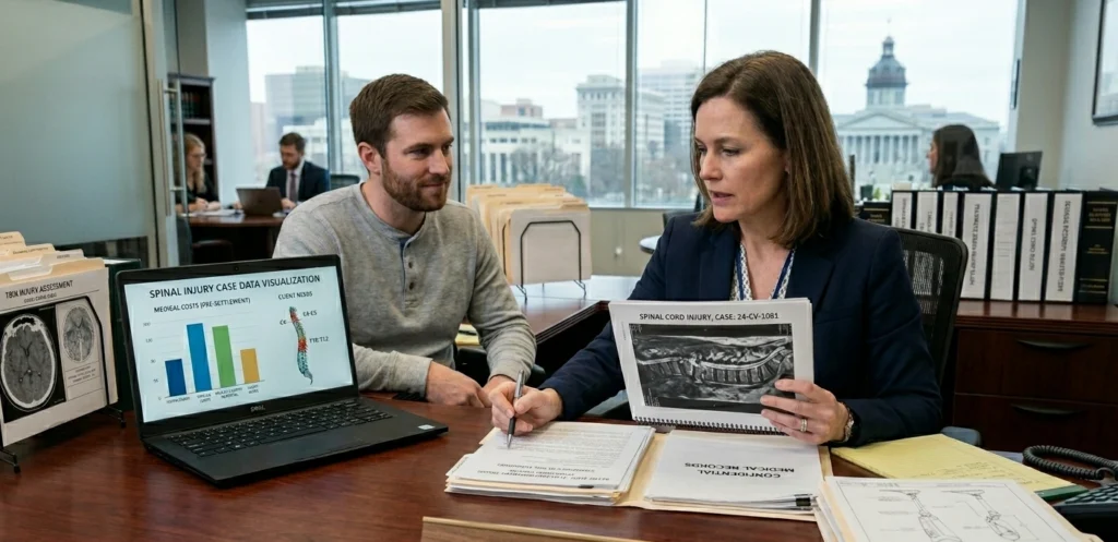 Paralysis injury lawyer South Carolina reviewing medical records and spinal injury case documents with client consultation.
