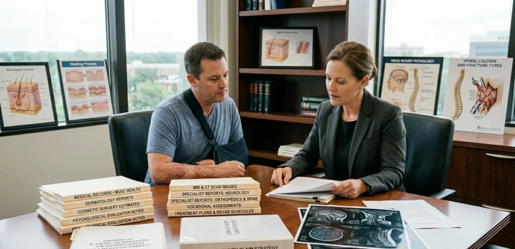 Polytrauma injury attorney in South Carolina reviewing multiple injury medical records and coordinating a complex accident claim with a client