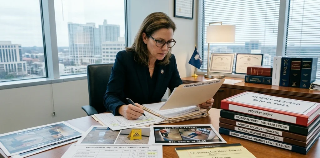 South Carolina premises liability attorney reviewing injury case documents and property hazard evidence