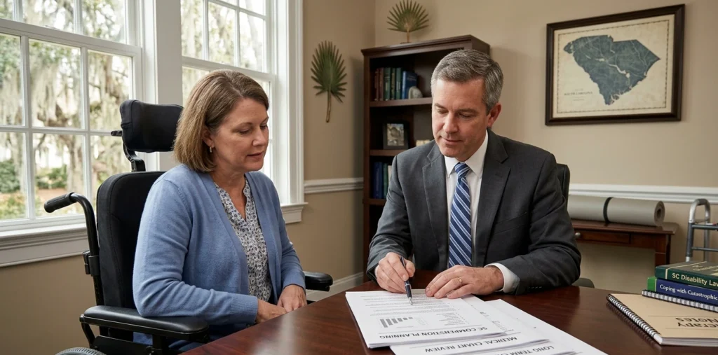 Spinal cord injury attorney South Carolina assisting client with disability and legal claim guidance
