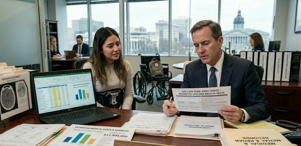 Attorney reviewing spinal cord injury compensation case documents in South Carolina office with patient records and legal files